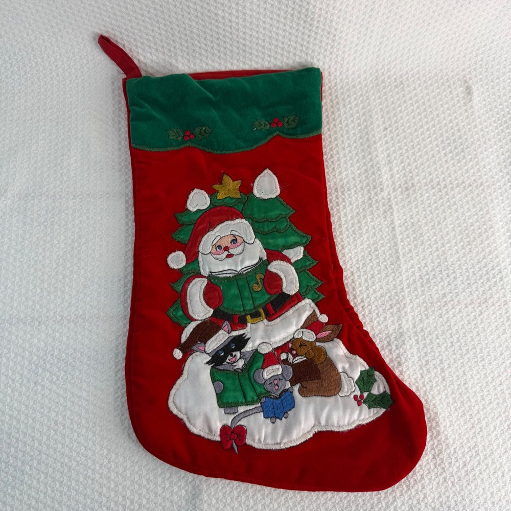 Vintage Style Red Velvet Embroidered Santa and Animals Christmas Stocking 15in